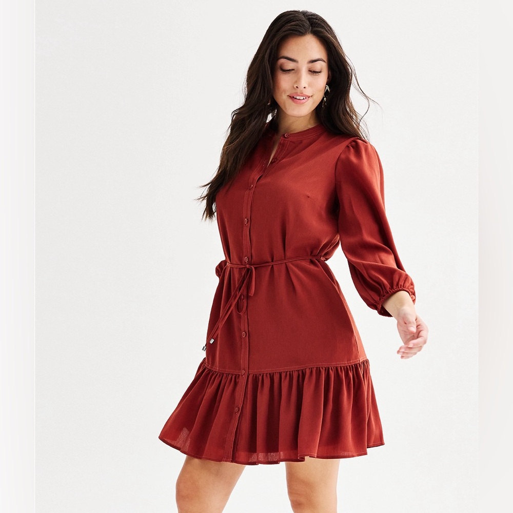 Women's Nine West Long Sleeve Belted Mini Dress